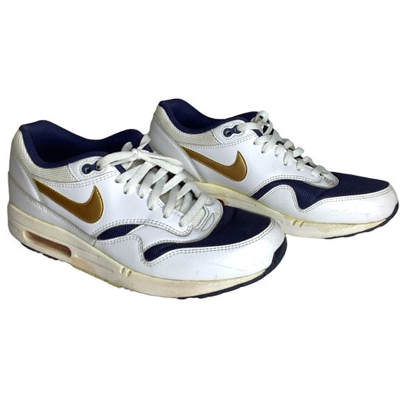 Nike Shoes Mens 9 White Blue Gold Air Max 1 Essential Olympic 2015 Swoosh 537383 - Picture 3 of 11